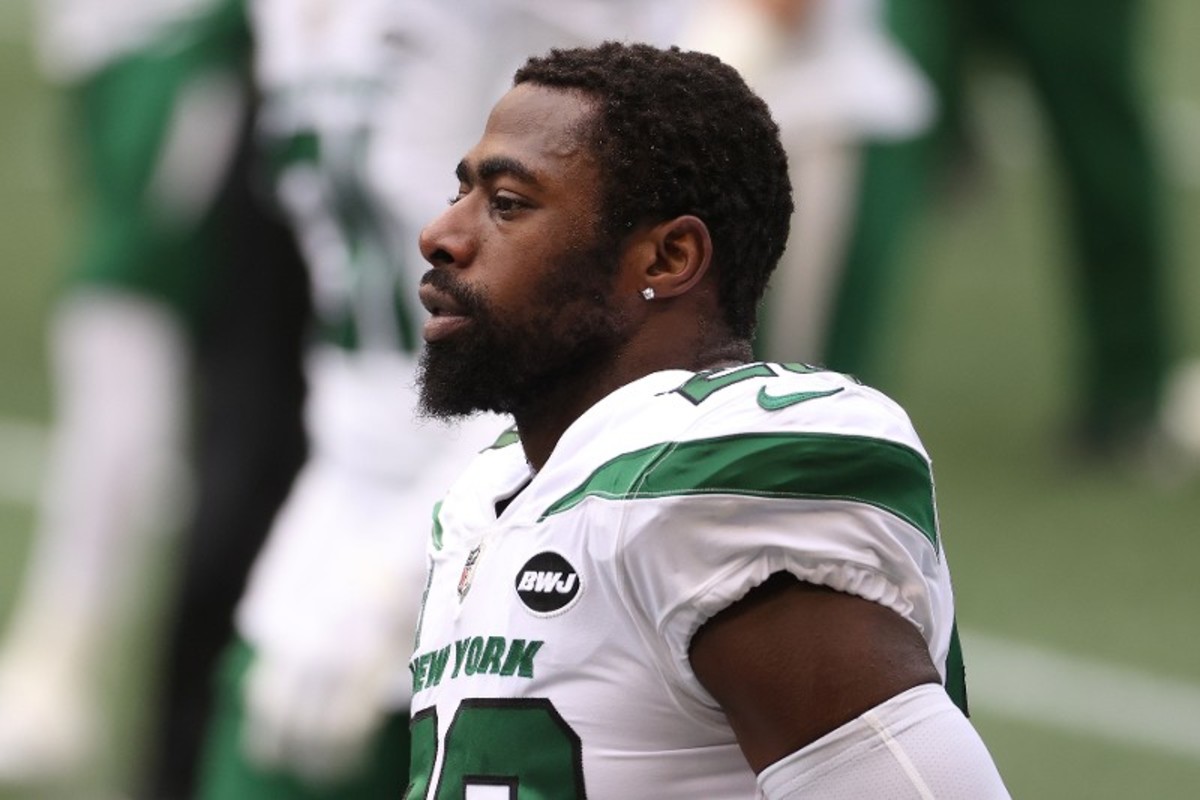 Jets safety Marcus Maye looks on from sideline